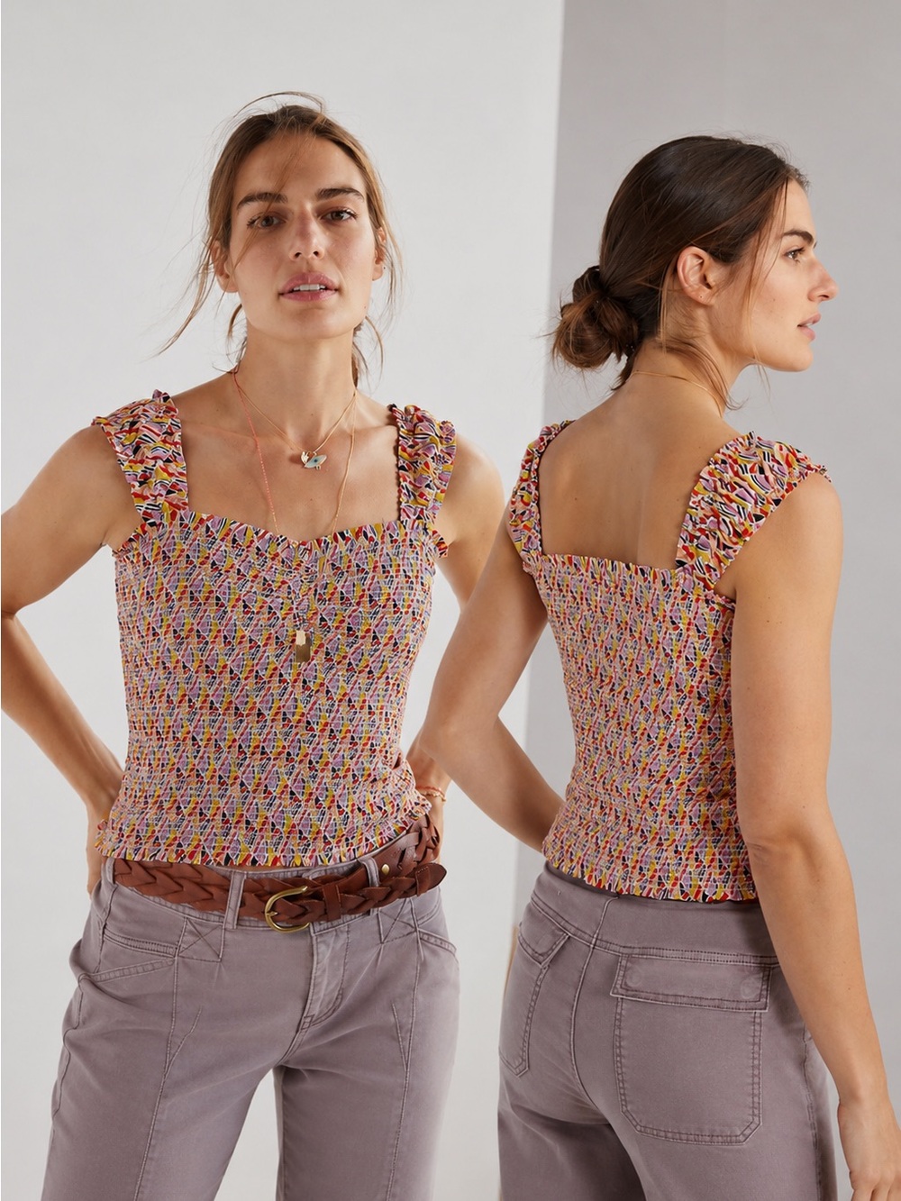 Anthropologie Maeve Smocked Ruffle Strap Floral Tank Top Medium Boho
